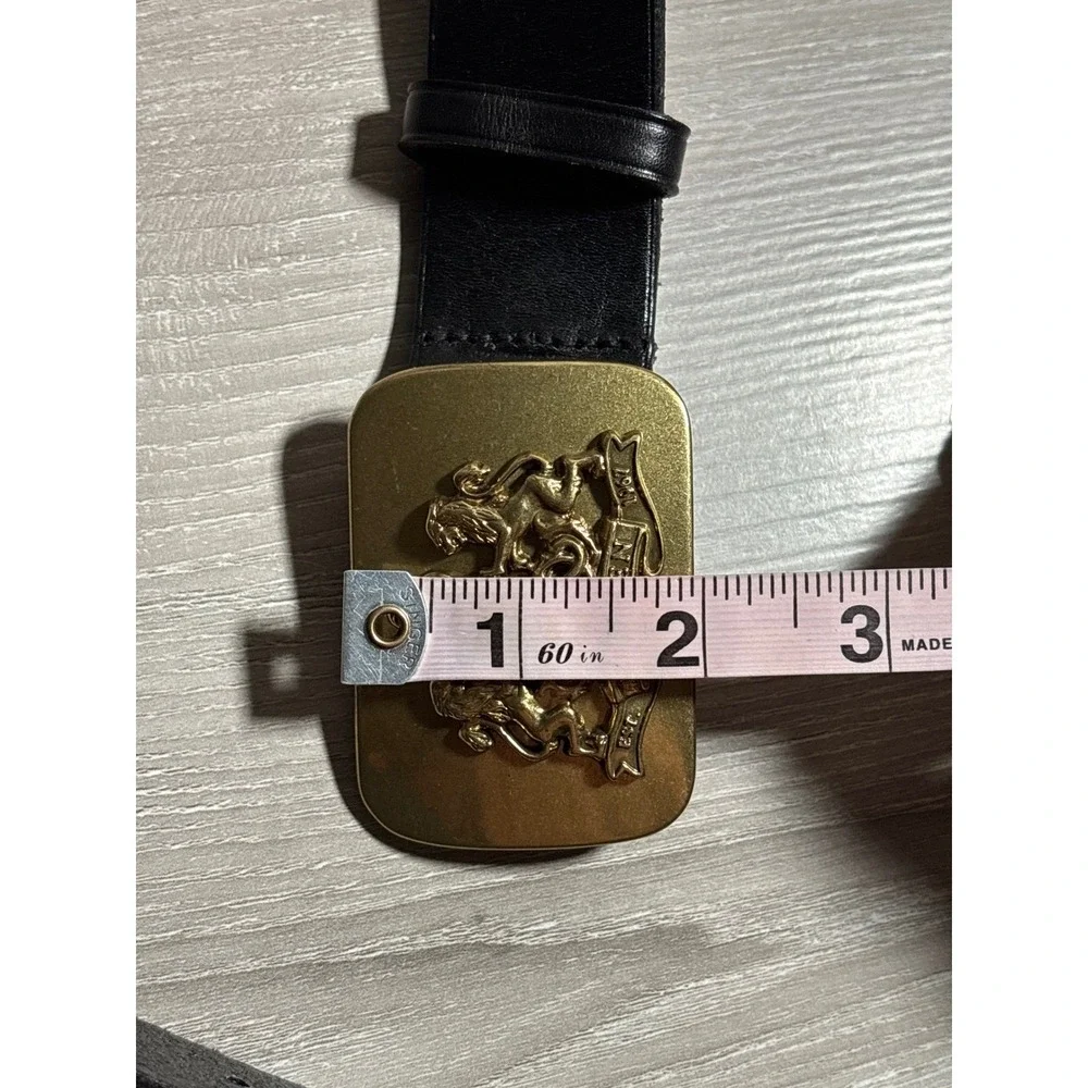 Lauren Ralph Lauren Black Leather Belt Gold Lion Crest Trophy Buckle Designer